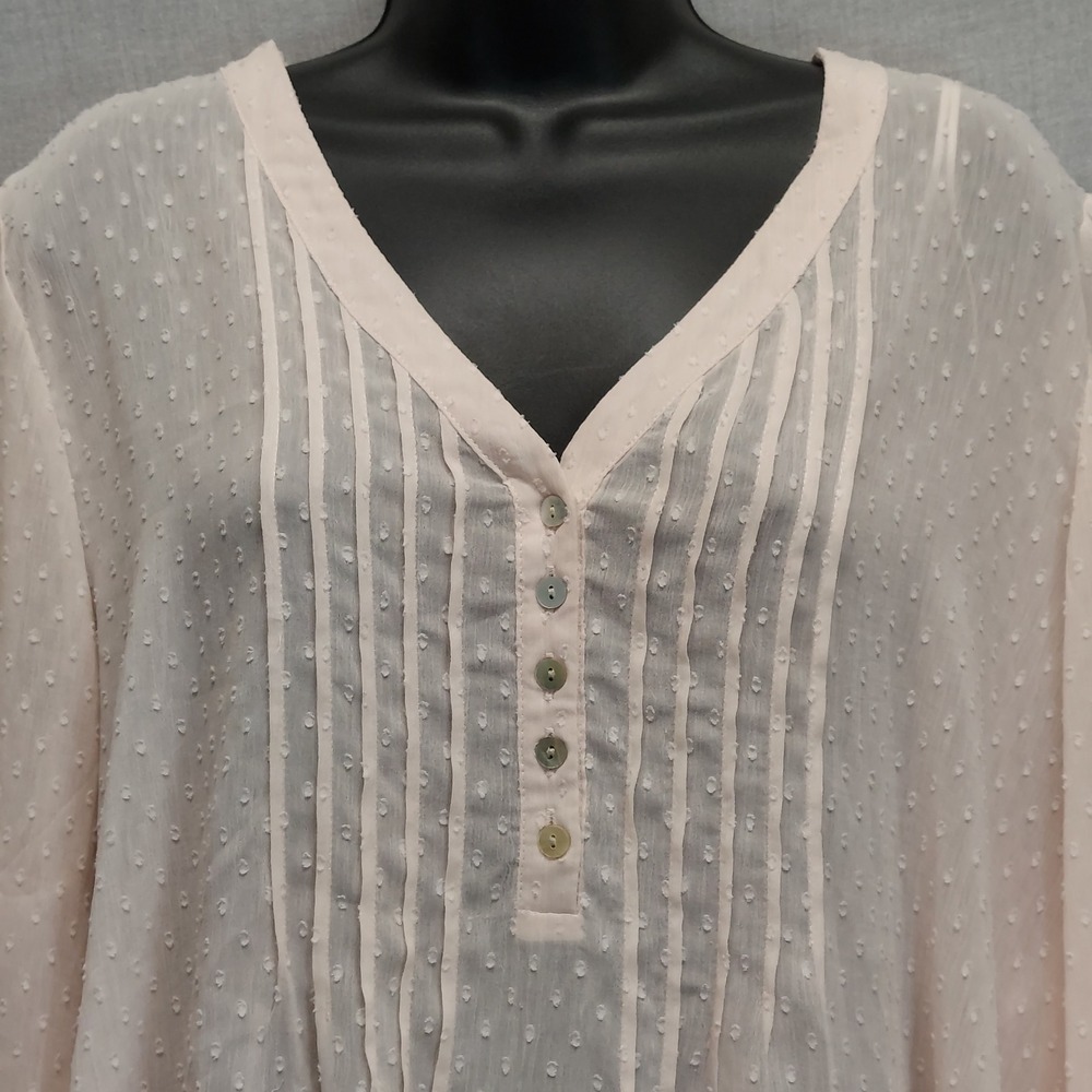 Rose + Olive Pink Swiss Dot‎ Blouse 2X Pintuck Boho Top Semi Sheer 3/4 Sleeve - Picture 3 of 15